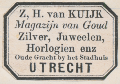 710119 Sluitzegel van Z.H. van Kuijk, Magazijn van Goud, Zilver, Juweelen, Horlogien enz, Oude Gracht by het Stadhuis ...